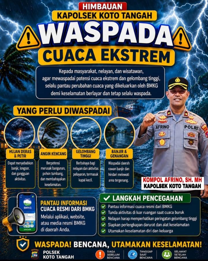 Kapolsekta Koto Tangah, Kompol Afrino Chaniago, mengeluarkan imbauan resmi kepada masyarakat agar meningkatkan kewaspadaan terhadap potensi bencana.