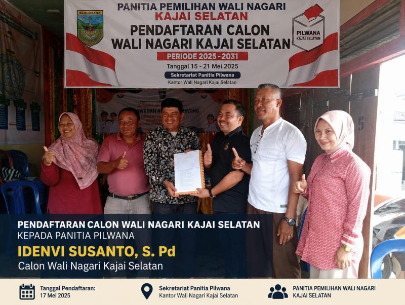 Ketua Bidang Humas PMI Kabupaten Pasaman Barat (Pasbar), Idenvi Susanto, S.Pd, resmi mendaftarkan diri sebagai bakal calon (balon) Wali Nagari Kajai Selatan, Kecamatan Talamau, untuk periode 2025–2031. Berkas pencalonannya diterima langsung oleh Ketua Panitia Pemilihan Wali Nagari (Pilwana) Kajai Selatan, Ilham Bima Sakti, Kamis (16/7/2026).